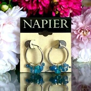 NAPIER Blue Crystal Hoop Earrings Silver Tone 1" Women's Costume Jewelry NWT